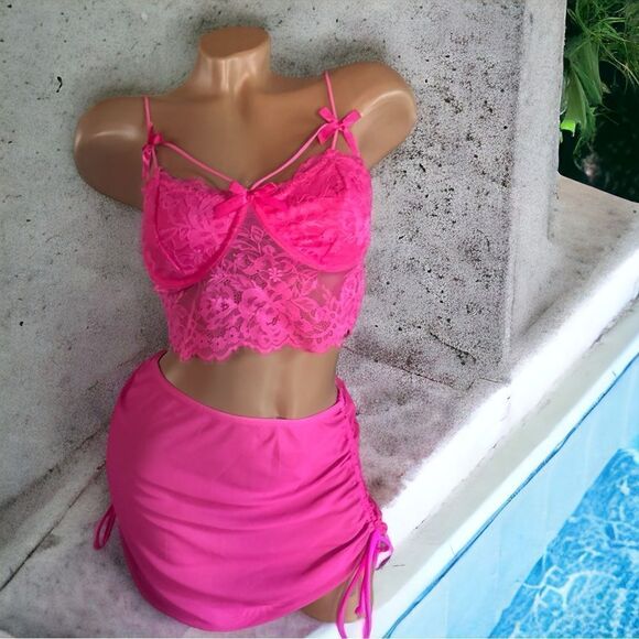 SXY l 2-Piece custom Set l Hot Pink/Black Bralette & Drawstring Skirt l New - Picture 1 of 10